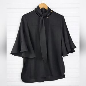 Gracia Black Flutter 3/4 Sleeve Neck Tie Silky Blouse M